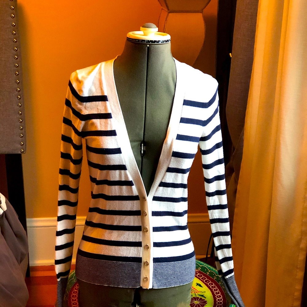 Cute & cozy navy and white striped cardigan sz XS